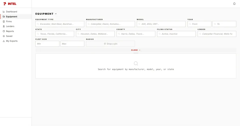 Tex Intel equipment search with filters for manufacturer, model, location, lender, and fleet size